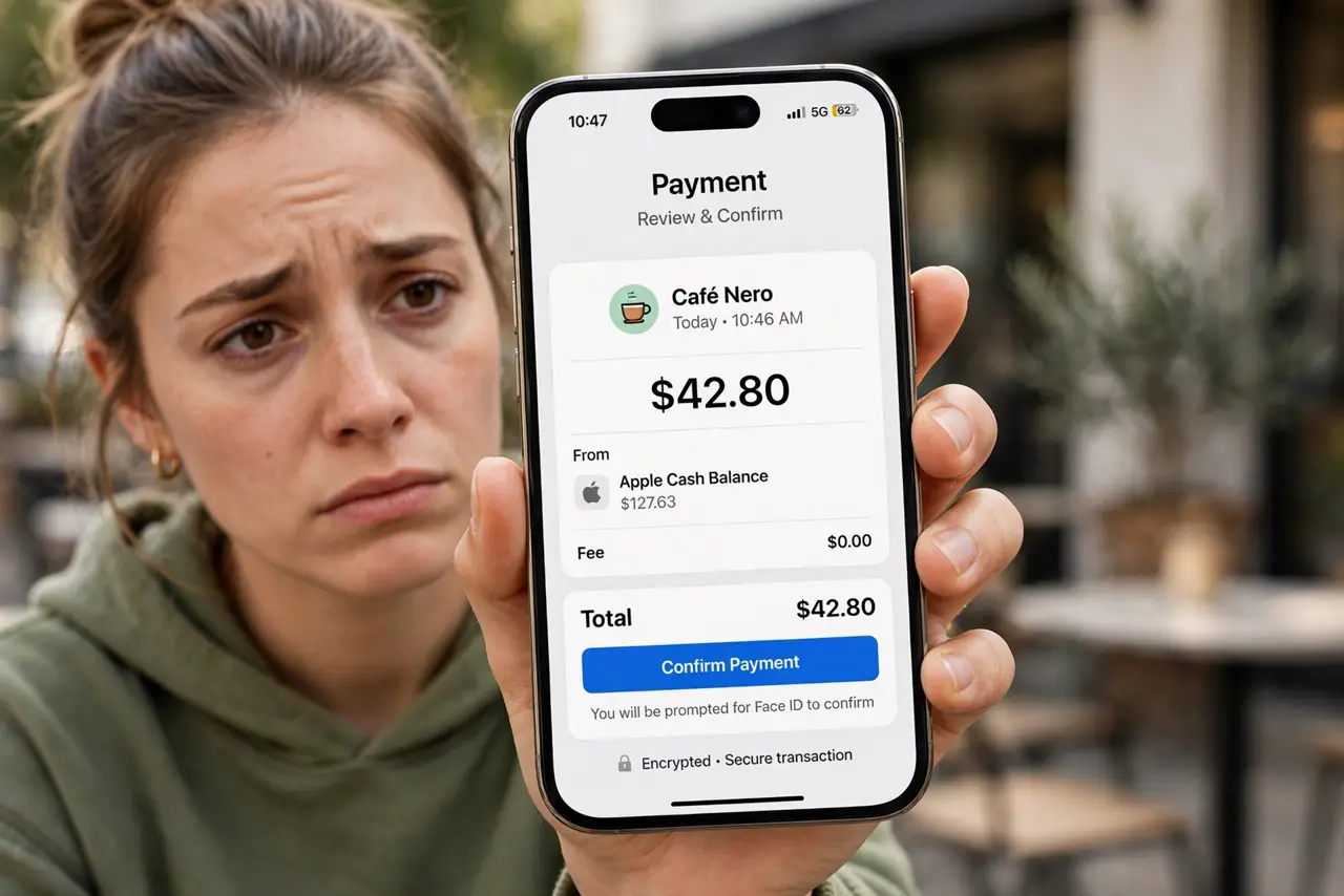 a person holding a real iPhone showing a payment app transaction screen with legible amounts, the person's face wary. No black screen, no blank white screen, no fake or garbled scr.