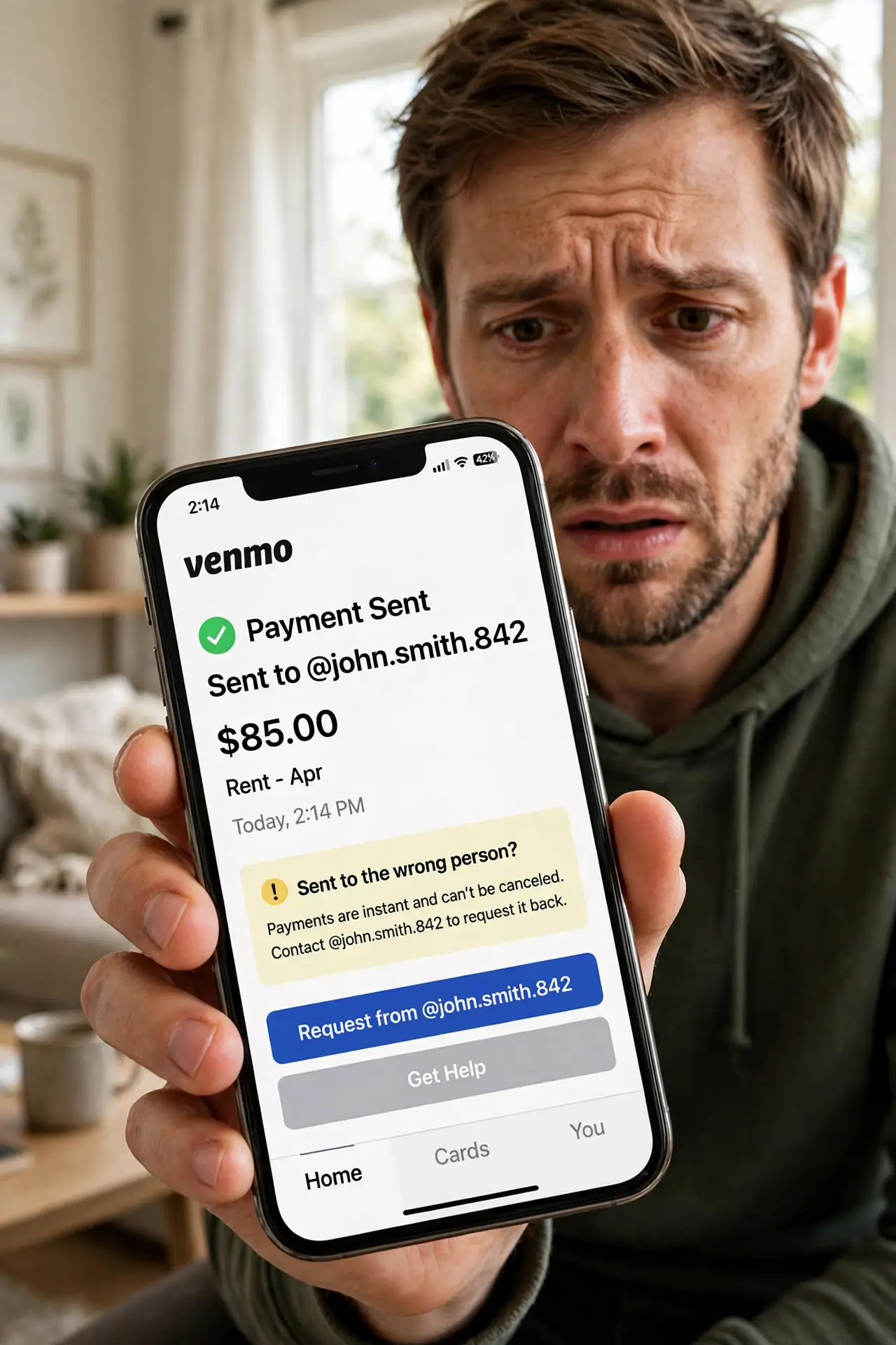 An anxious adult holding a real phone showing a Venmo payment sent to the wrong username fully legible, the person's face worried, home.