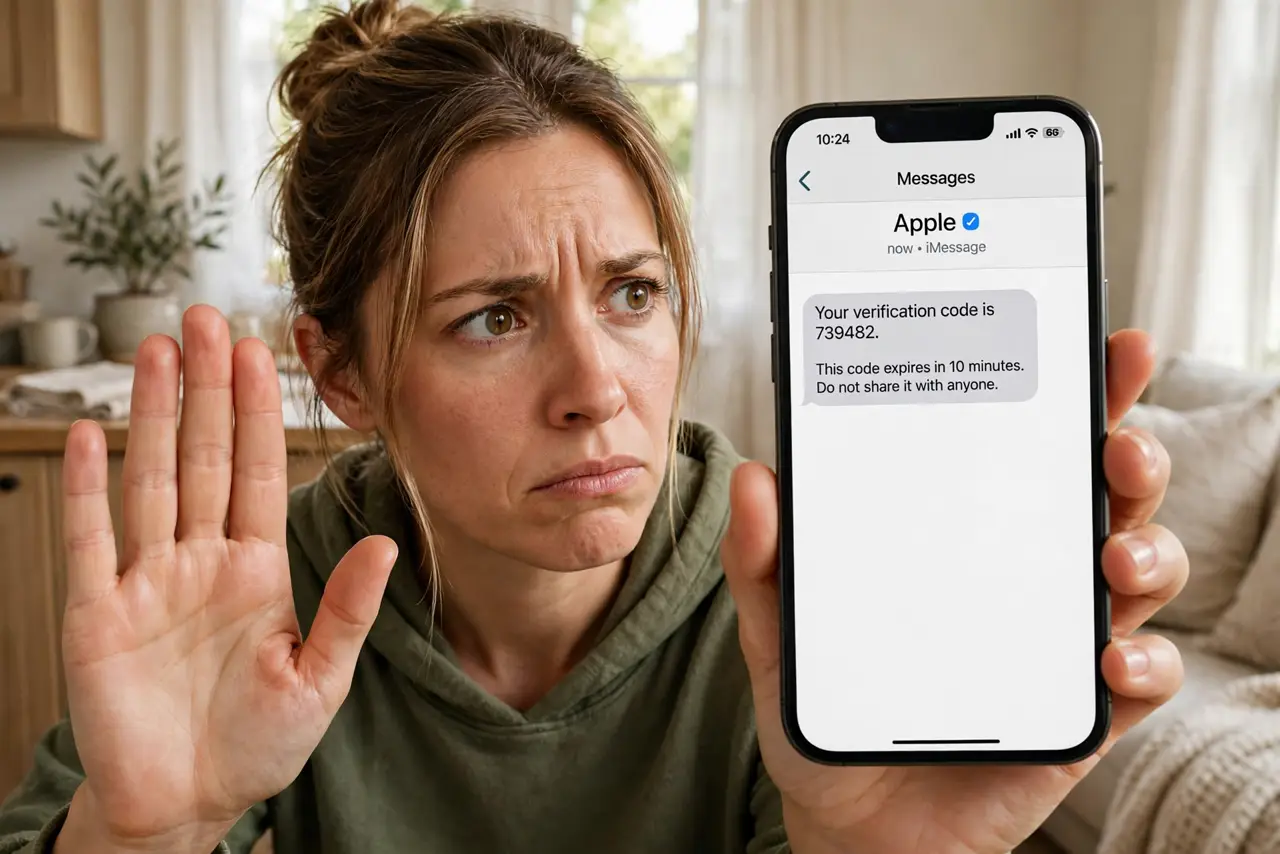 a person holding a real phone showing a texted verification code, looking skeptical, the other hand raised in a stop gesture, home setting, face wary and alert. No black screen, no.