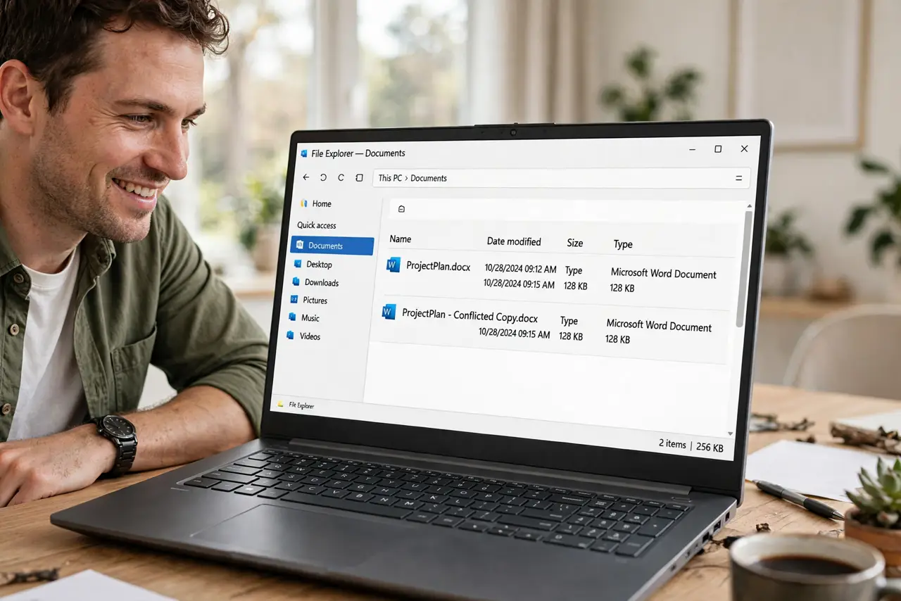 'Conflicted Copy' Files — a relieved adult comparing a conflicted copy with the original file on a real laptop, the file manager showing
