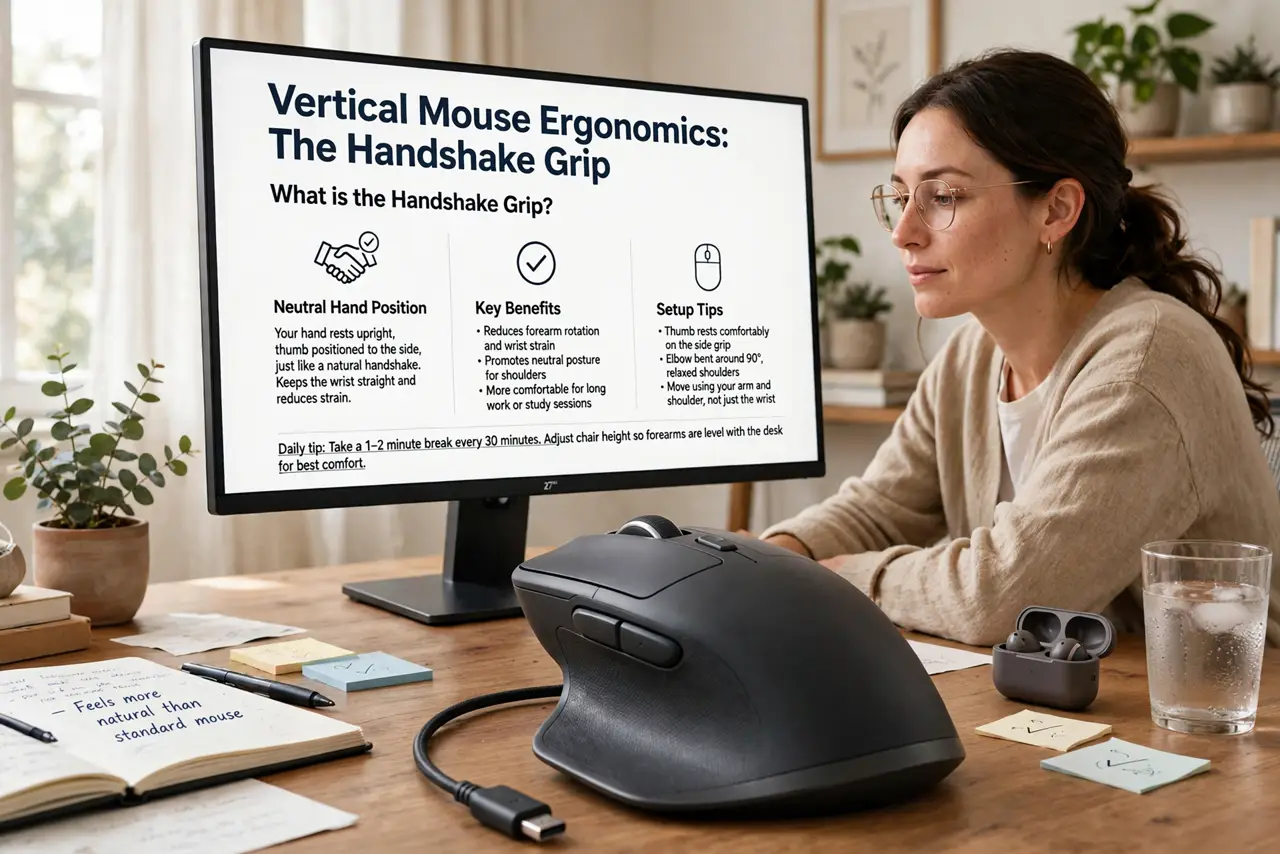 Photoreal photo of a person performing the first step: Understand the ergonomics. A flat mouse pronates your forearm — palm down, twisted. A vertic...