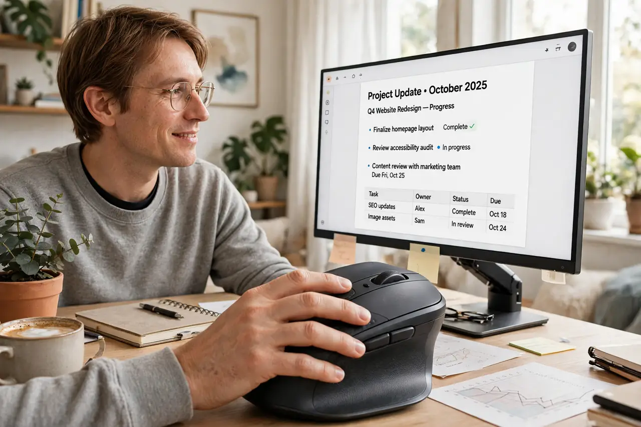 Photoreal photo: a person using a real vertical mouse on a desk, hand in a natural handshake grip clearly visible, a real monitor showing work with legible text, the person's face comfortable, bright home office. N...