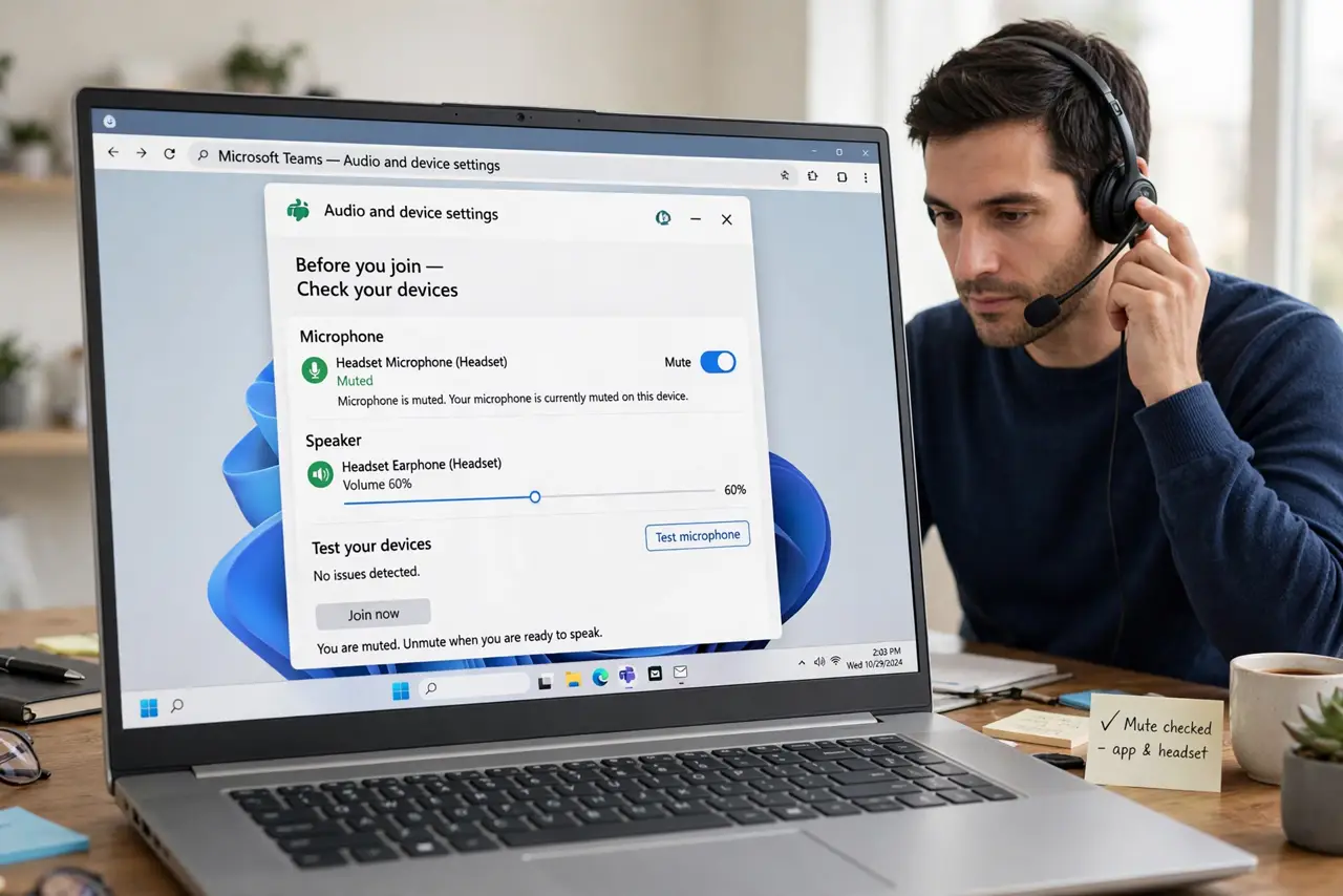 Person performing step 1: Check mute in the app and on the headset. Confirm the app mute is off and the headset mute button is off. Two mutes, app and headset,...