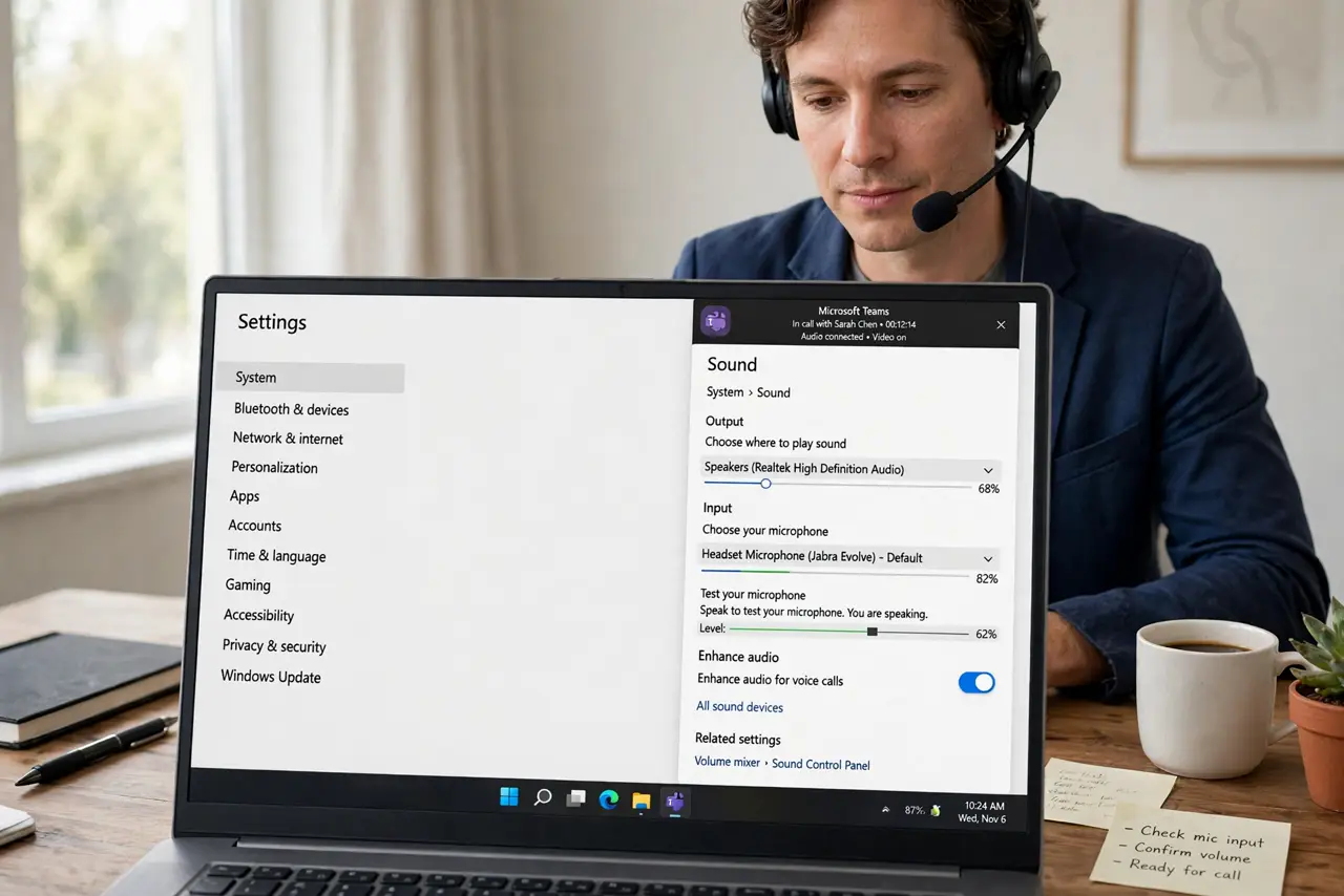 Photorealistic photo: A calm adult at a desk wearing a real headset on a real laptop video call, the real call audio settings visible complete and legible, the person checking calmly.