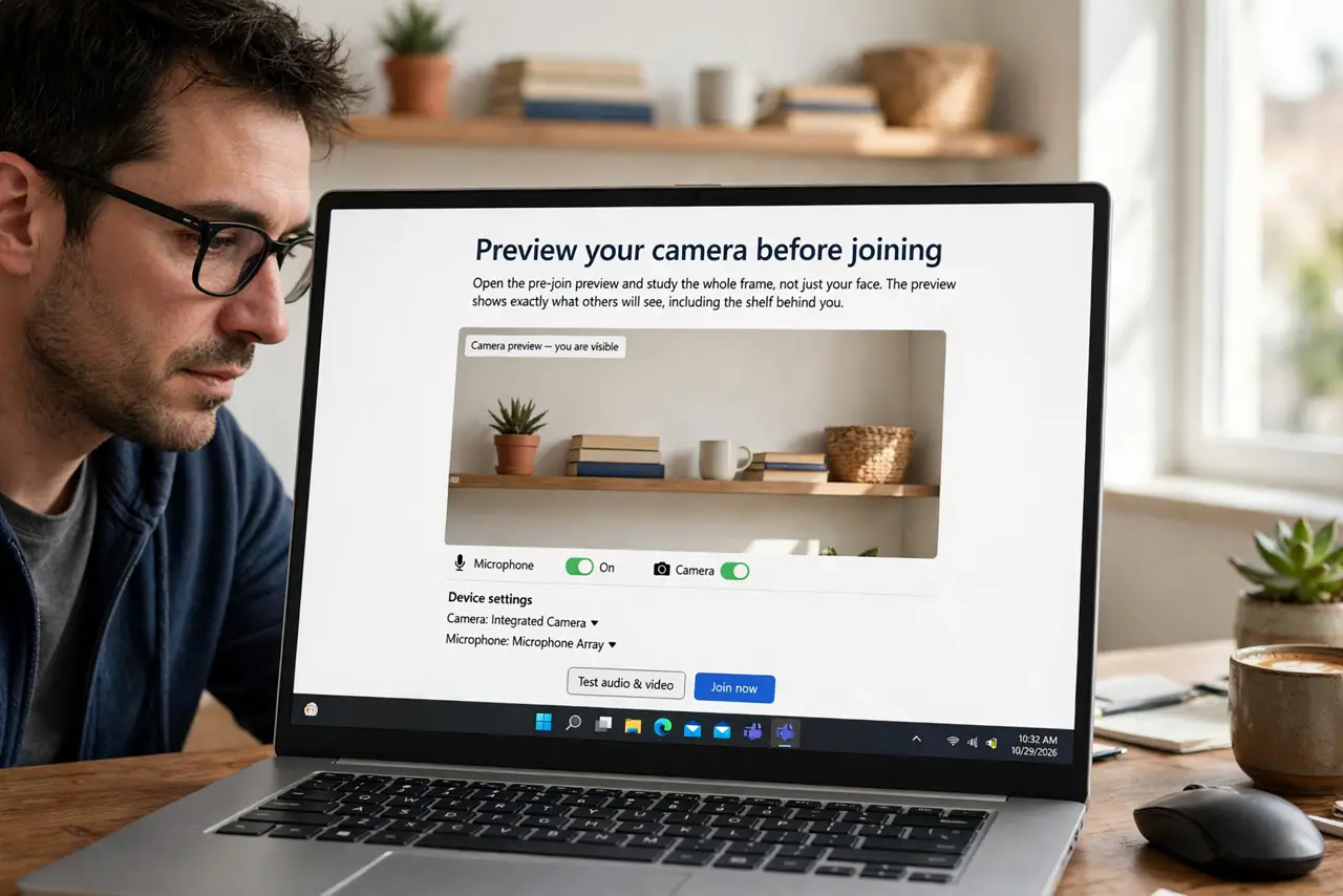 A person performing step 1 of the guide: Preview your camera before joining. Open the pre-join preview and study the whole frame, not just your face. The preview shows exactly...