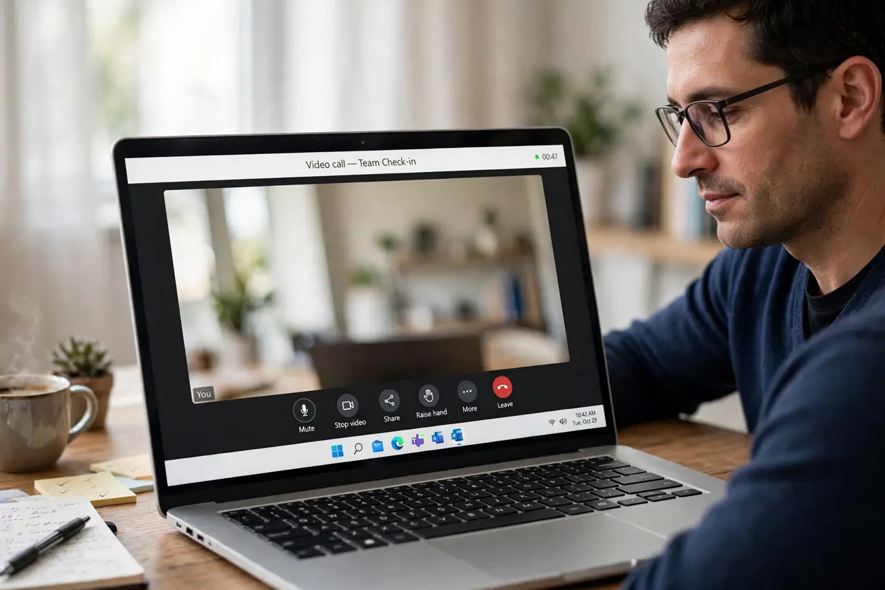 a calm adult at a desk with a real laptop, the screen showing a normal video call preview with a tidy blurred background and legible controls, the person checking it
