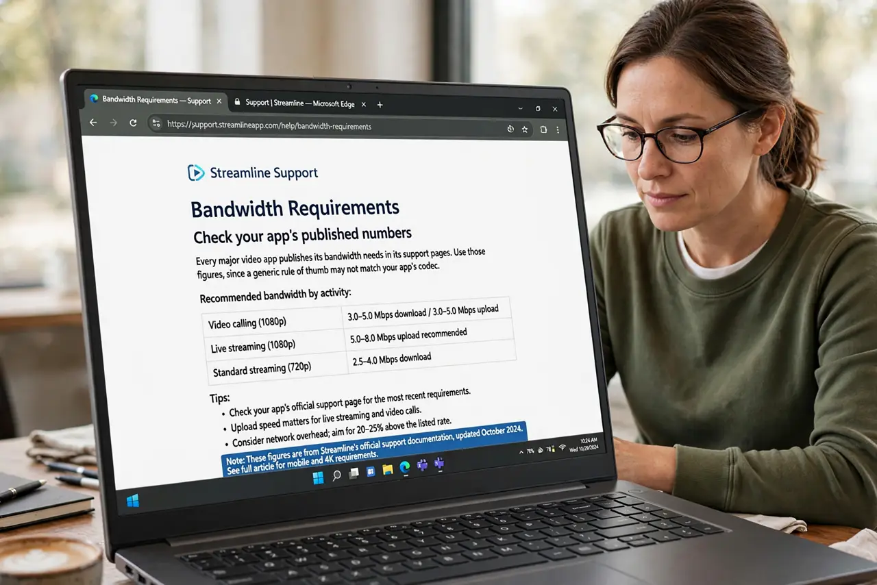 A person performing step 1 of the guide: Check your app's published numbers. Every major video app publishes its bandwidth needs in its support pages. Use those figures, since a generic rule of thumb may not match your ap...