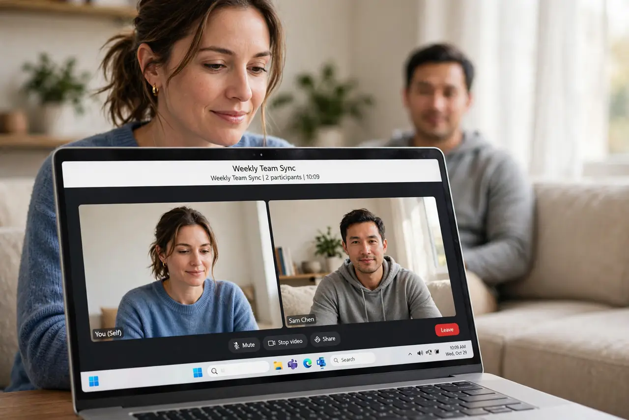 a calm adult on a video call on a real laptop with a clear meeting grid on screen, a second person on a call visible in the background. No black screen, no blank white screen, no fake or garbled screen text.
