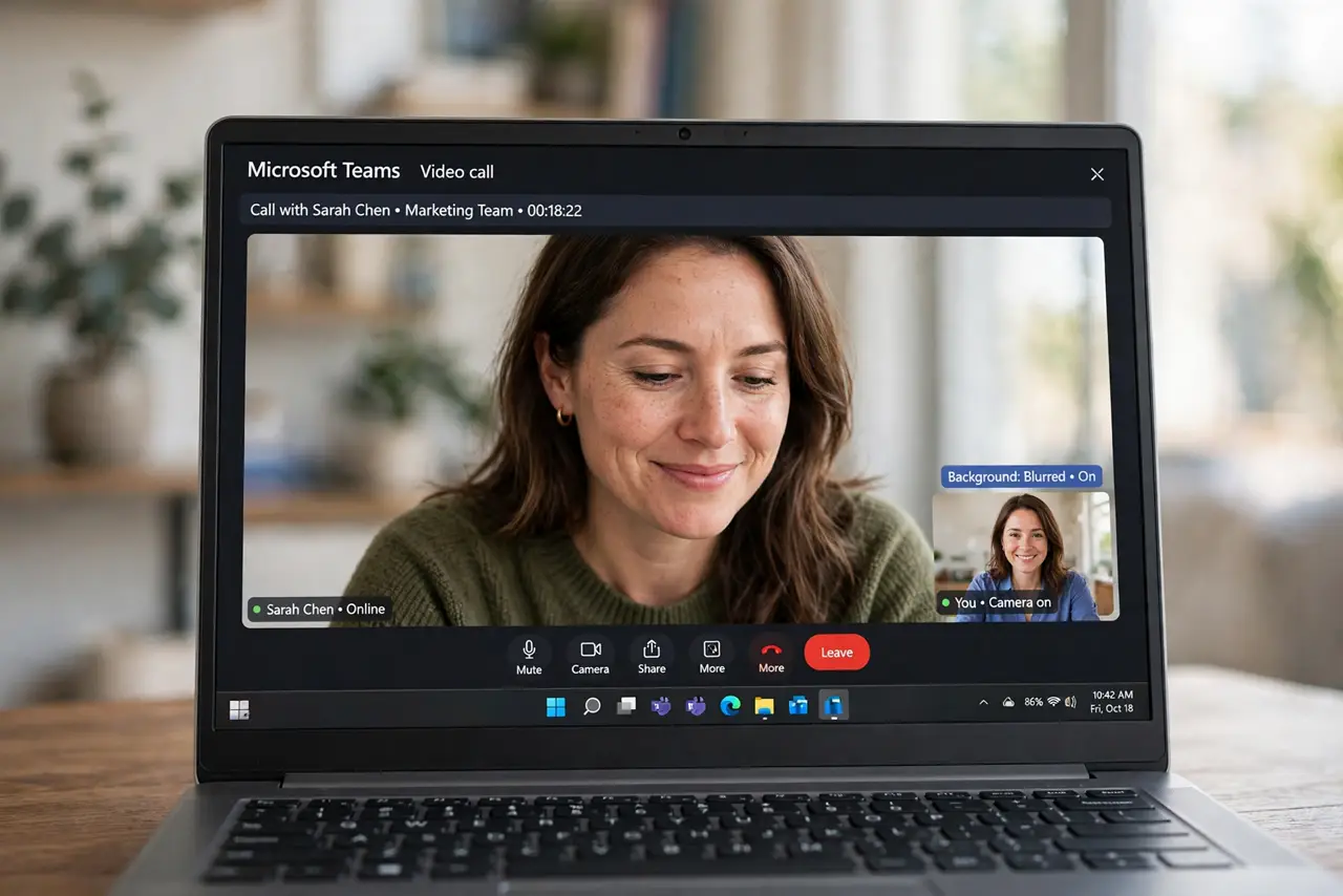 No Blur Background Option on Calls — a slightly worried adult on a real laptop video call with a blurred background effect active behind them, the