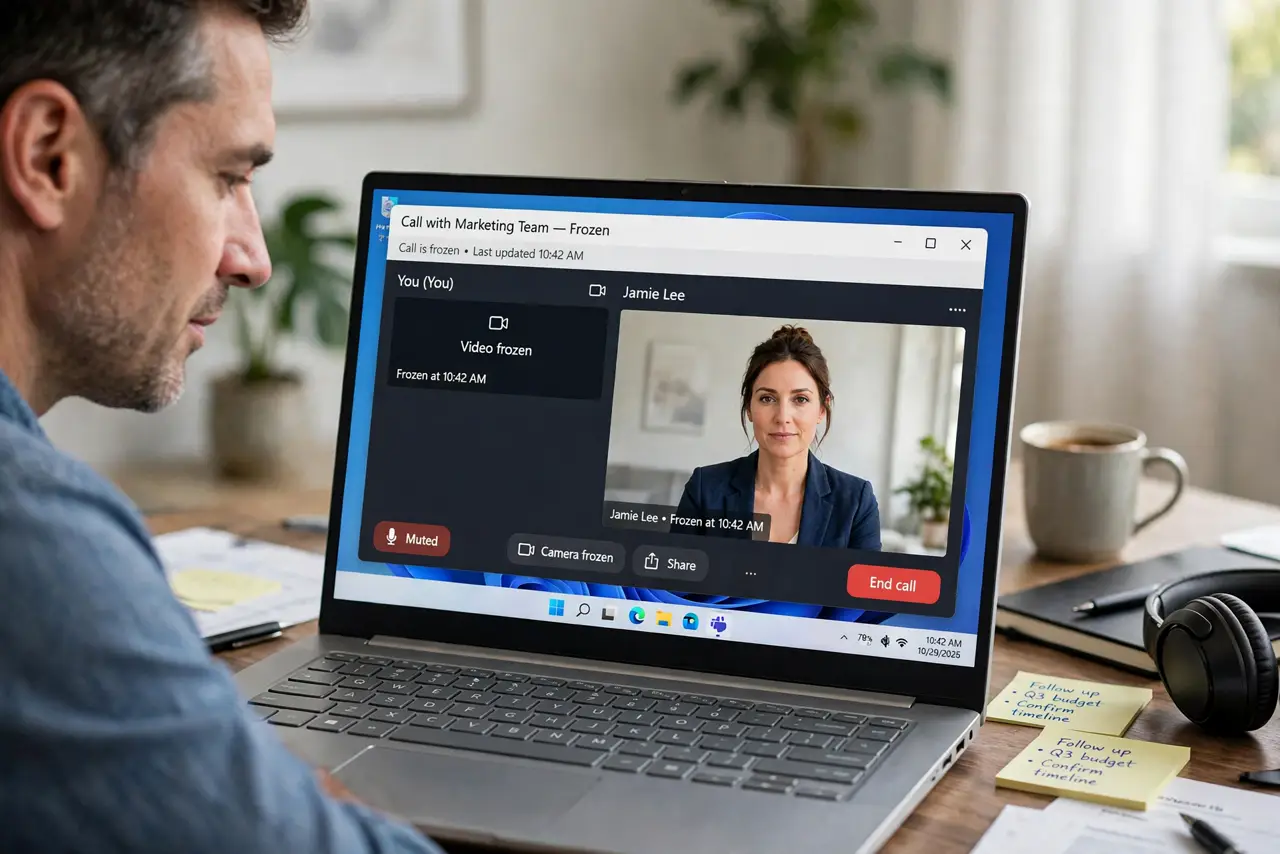 Photorealistic photo: A calm adult at a desk on a real laptop video call, the real call window visible complete and legible with video frozen, the person checking calmly.