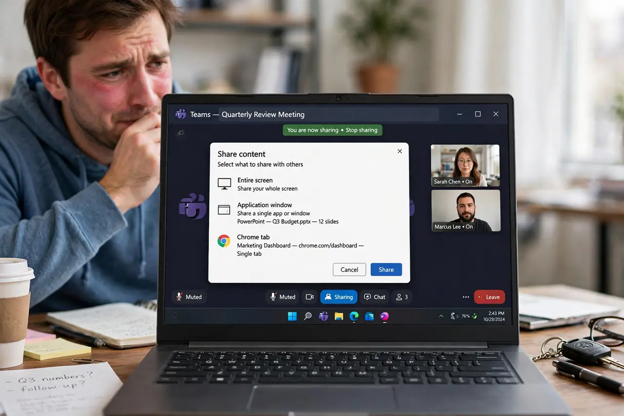 Sharing the Wrong Screen on Calls — an embarrassed adult at a desk with a real laptop showing a video call with a screen-share picker dialog open,