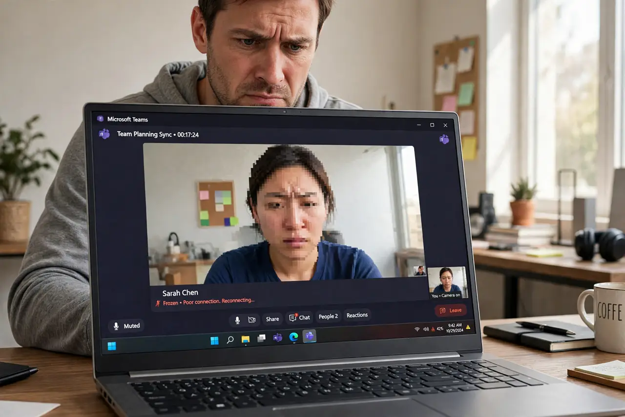 Video Calls Freeze but Speed Test Is Fine — a person on a real laptop mid-video-call with a frozen pixelated face on screen, the person's own face frustra