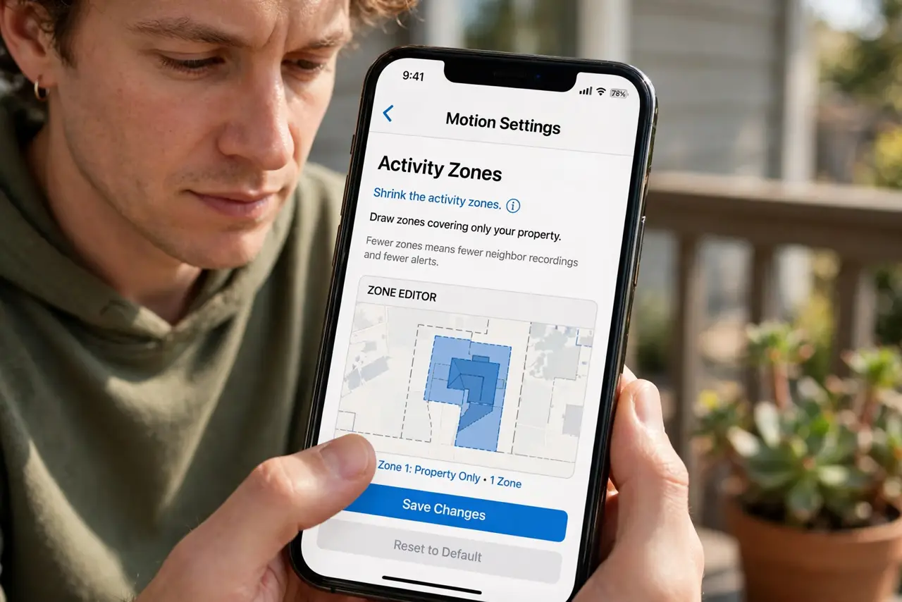 A person performing step 1: Shrink the activity zones. Open the doorbell app's motion settings and draw zones covering only your property.