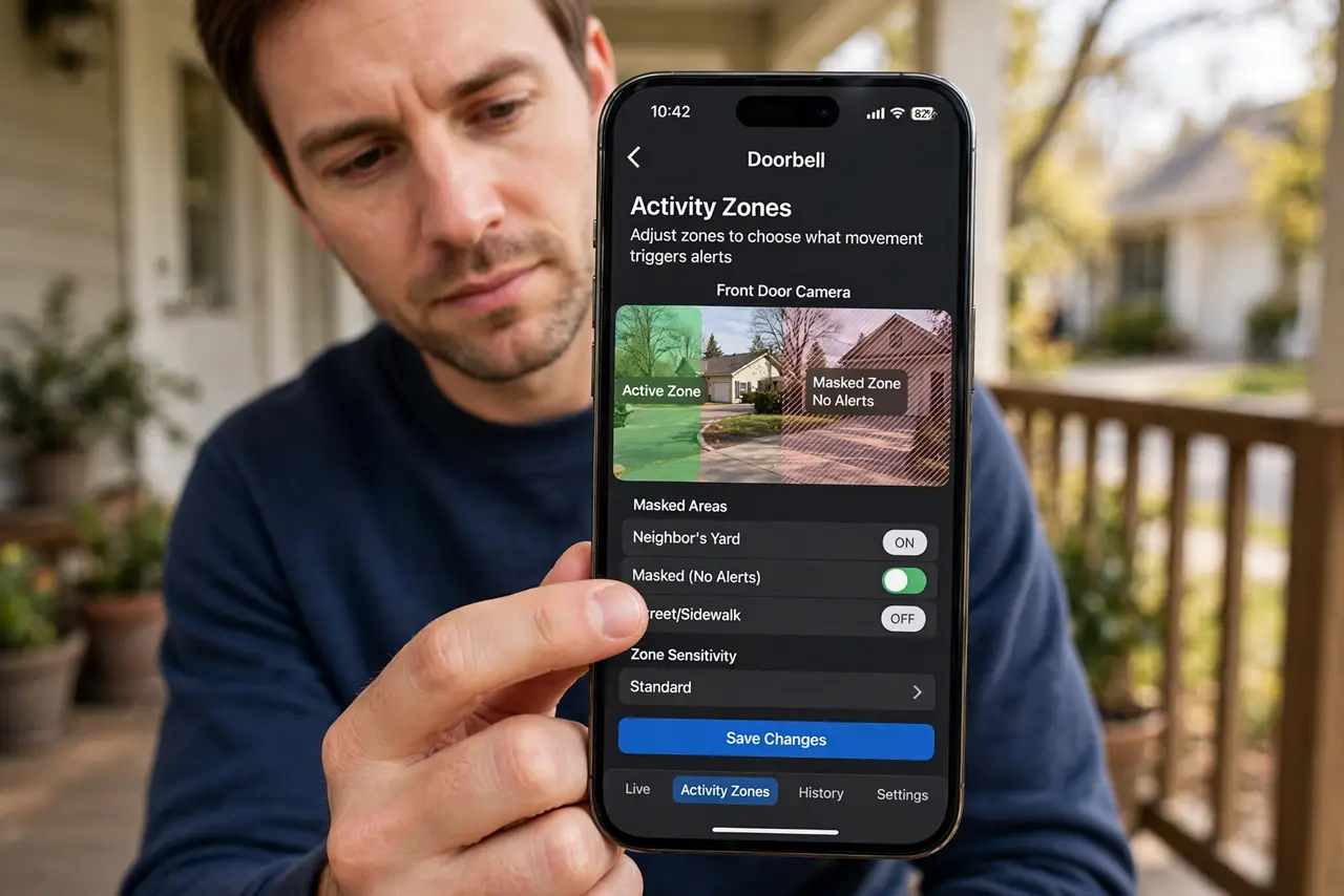 A person adjusting activity zones on a real phone showing a video doorbell app with a masked zone over the neighbor's yard, the person's face thoughtful, front porch.