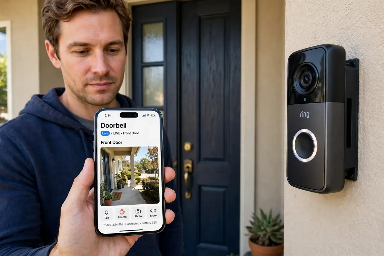Video Doorbell Keeps Going Offline — a calm adult standing at a real front door holding a real phone showing the doorbell app with a live view full