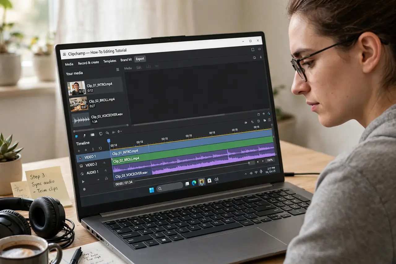 a person editing video on a real laptop showing a legible timeline with clips, the person's face concentrated, home desk with headphones.