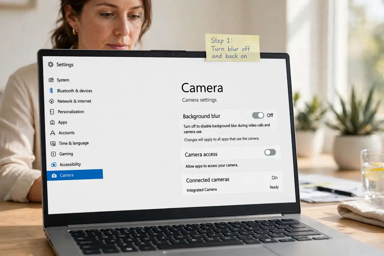 Person performing step 1: Turn blur off and back on. Open the meeting video settings, turn background blur off, wait a second, and turn it on again. A blur effect...