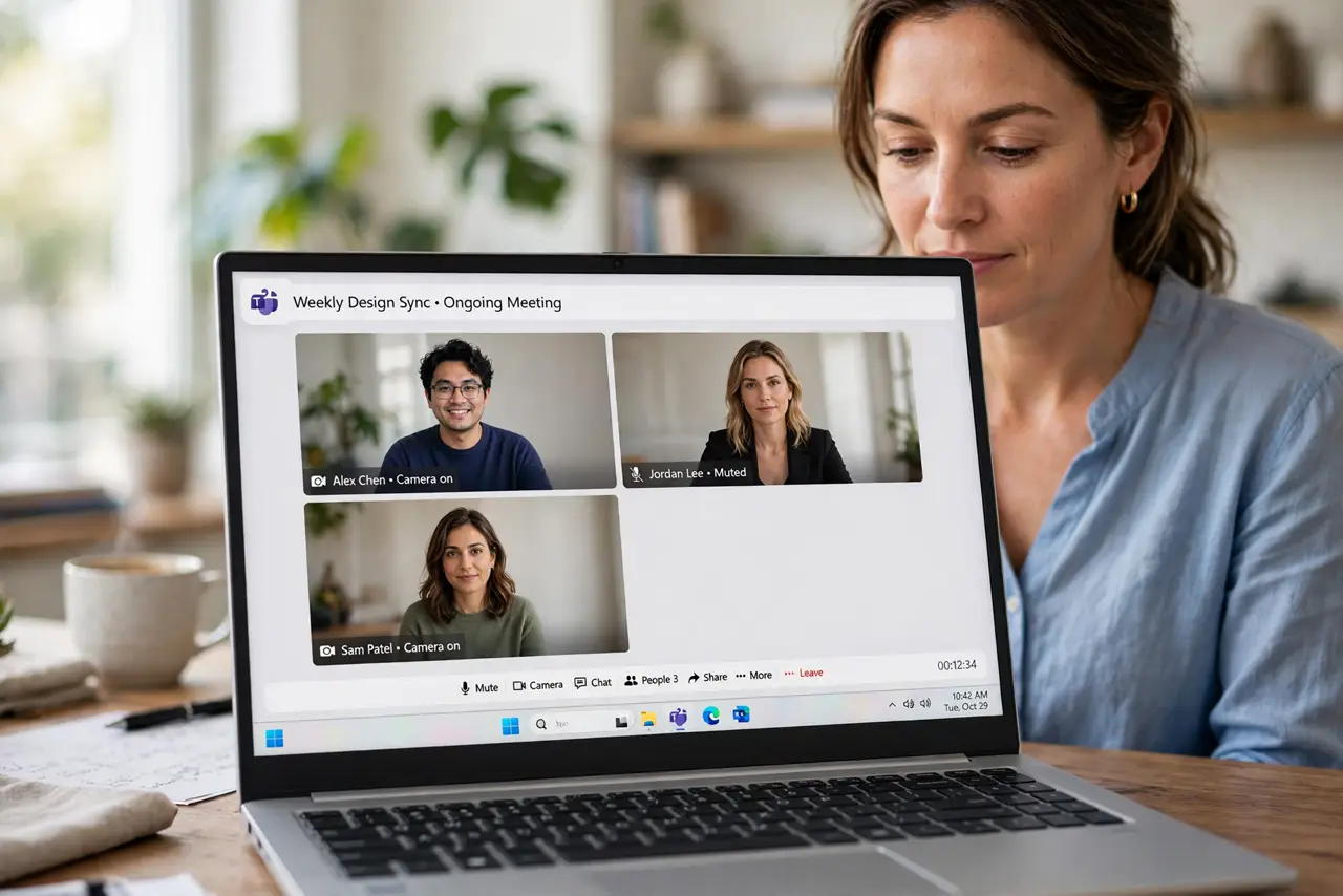 Photorealistic photo: A calm adult at a desk with a real Windows laptop, a video meeting open on screen with the background softly blurred behind the person, screen image clear.