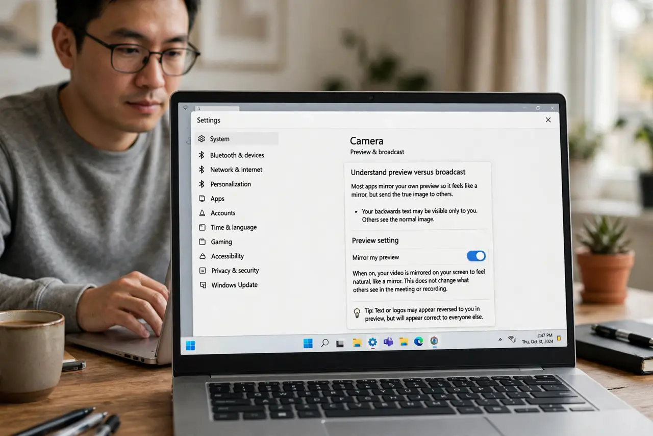 A person performing step 1 of the guide: Understand preview versus broadcast. Most apps mirror your own preview so it feels like a mirror, but send the true image to others. Your backwards text may be visible only to you.