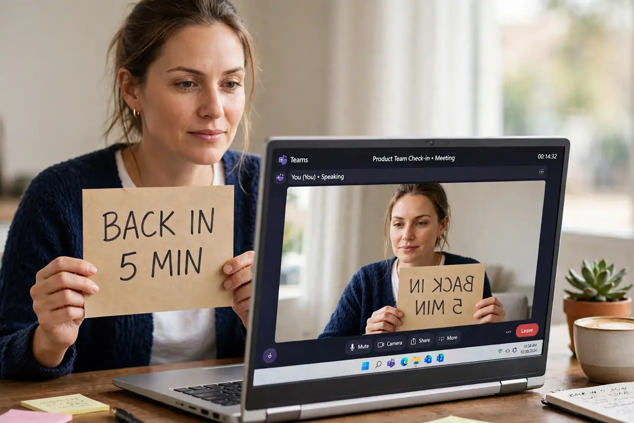 a calm adult on a video call on a real laptop, holding up a handwritten sign, the preview showing it mirrored with legible reversed text. No black screen, no blank white screen, no fake or garbled screen text.