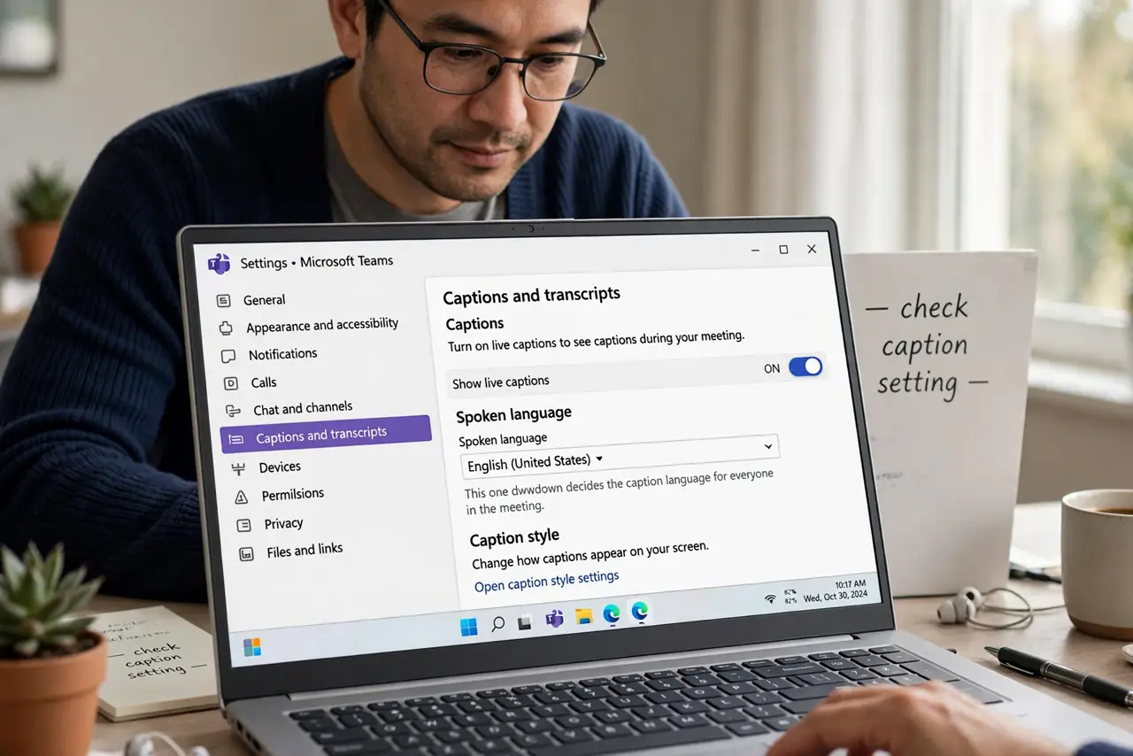 A person performing step 1 of the guide: Find the caption language setting. Open captions settings in the meeting app and look for spoken language. This one dropdown decides the caption language for everyone.