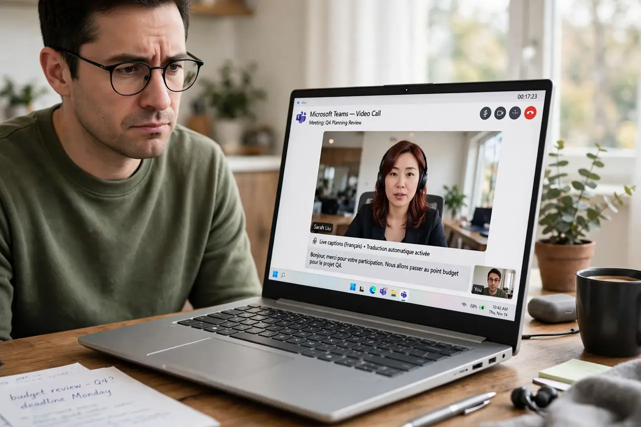 a calm adult on a video call on a real laptop showing live captions in the wrong language with legible text, the person frowning slightly. No black screen, no blank white screen, no fake or garbled screen text.
