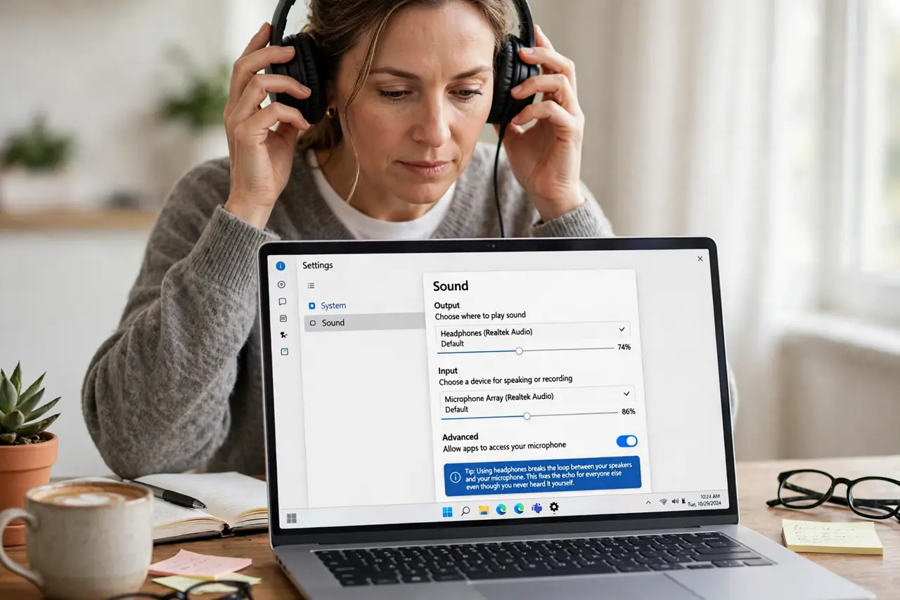 A person performing step 1 of the guide: Put on headphones. Headphones break the loop between your speakers and your microphone. This fixes the echo for everyone else even though you never heard it yourself.