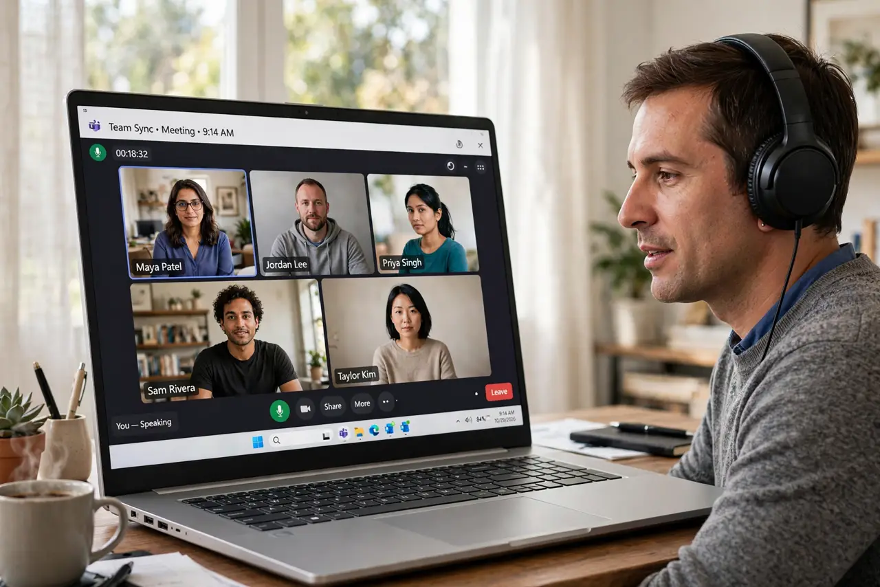 a calm adult on a video call wearing real headphones, a real laptop showing a meeting grid with legible names, the person speaking. No black screen, no blank white screen, no fake or garbled screen text.