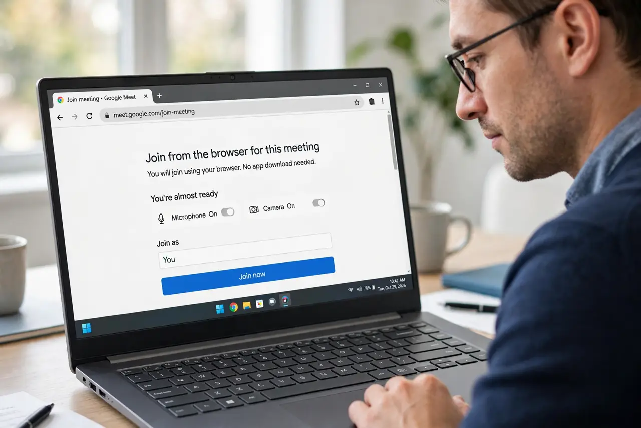 Person performing step 1: Join from the browser for this meeting. On the meeting page, look for a join from browser or join on the web option and use it. This...
