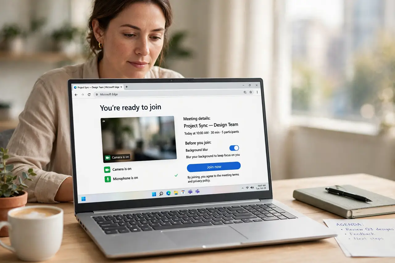 Photorealistic photo: A calm adult at a desk with a real Windows laptop, a video meeting lobby open in the browser with a join button visible, screen text legible.