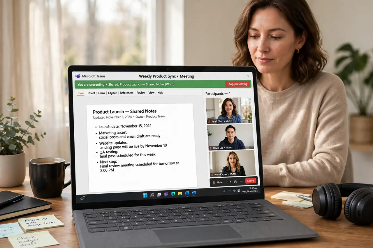 Photorealistic photo: A calm adult at a desk with a real Windows laptop, a video meeting open on screen with a shared document window visible, screen text legible.