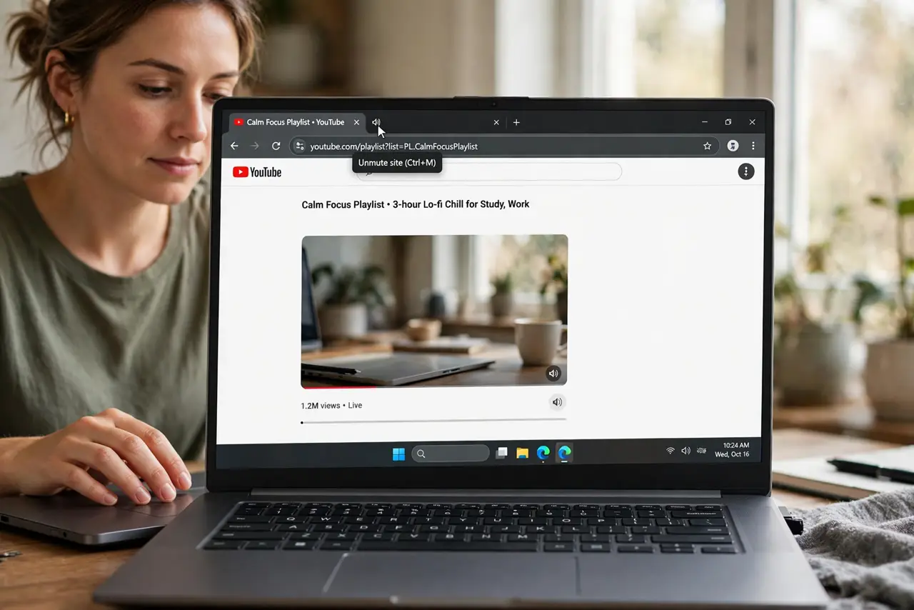 A person performing the first step: Unmute the browser tab.