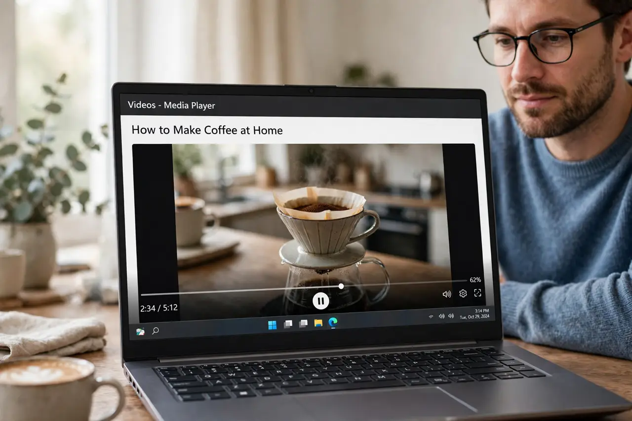 a relaxed adult watching video on a real Windows laptop, the video player open on the real laptop screen with volume controls clearly legible.