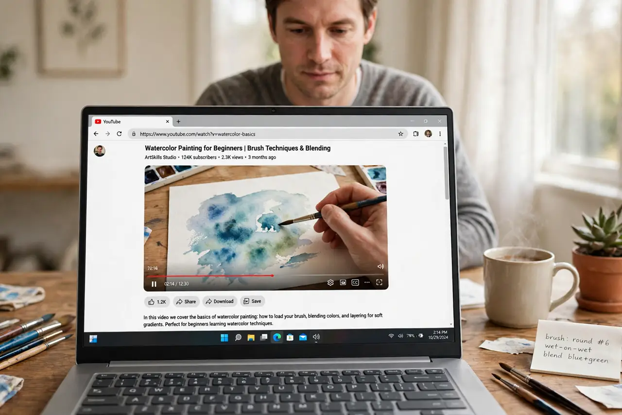 a calm adult at a desk watching a video on a real Windows laptop, the browser video player and playback controls clearly visible and legible on the real screen.