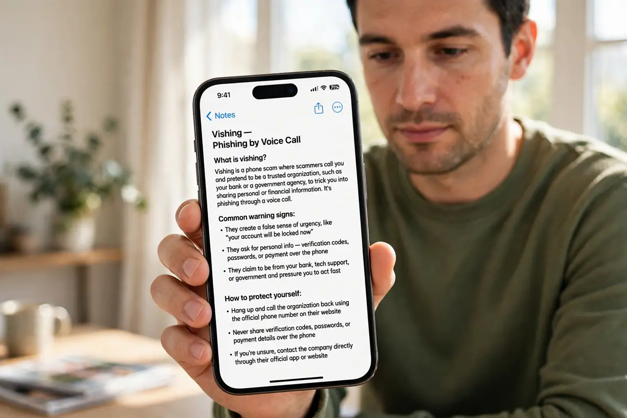 Photoreal photo of a person performing the first step: Know what vishing is. Vishing is phishing done by voice call. Attackers spoof caller ID to s...