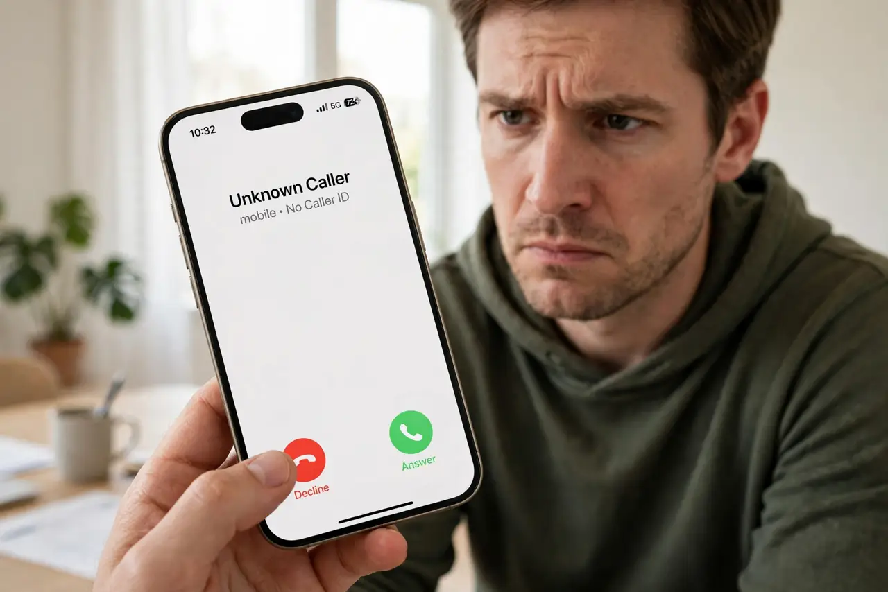 Photoreal photo: a person holding a real iPhone showing an incoming call from an unknown number, the person's thumb near the decline button, face wary, bright room. No black screen, no blank white screen, no fake o...