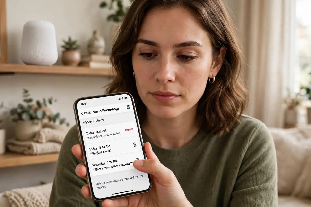 a person deleting voice recordings in a real smart speaker app showing a legible history list, smart speaker on a shelf, the person's face determined, living room.