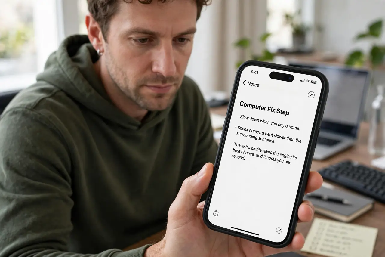 A person performing step 1 of the guide: Slow down when you say a name. Speak names a beat slower than the surrounding sentence. The extra clarity gives the engine its best...