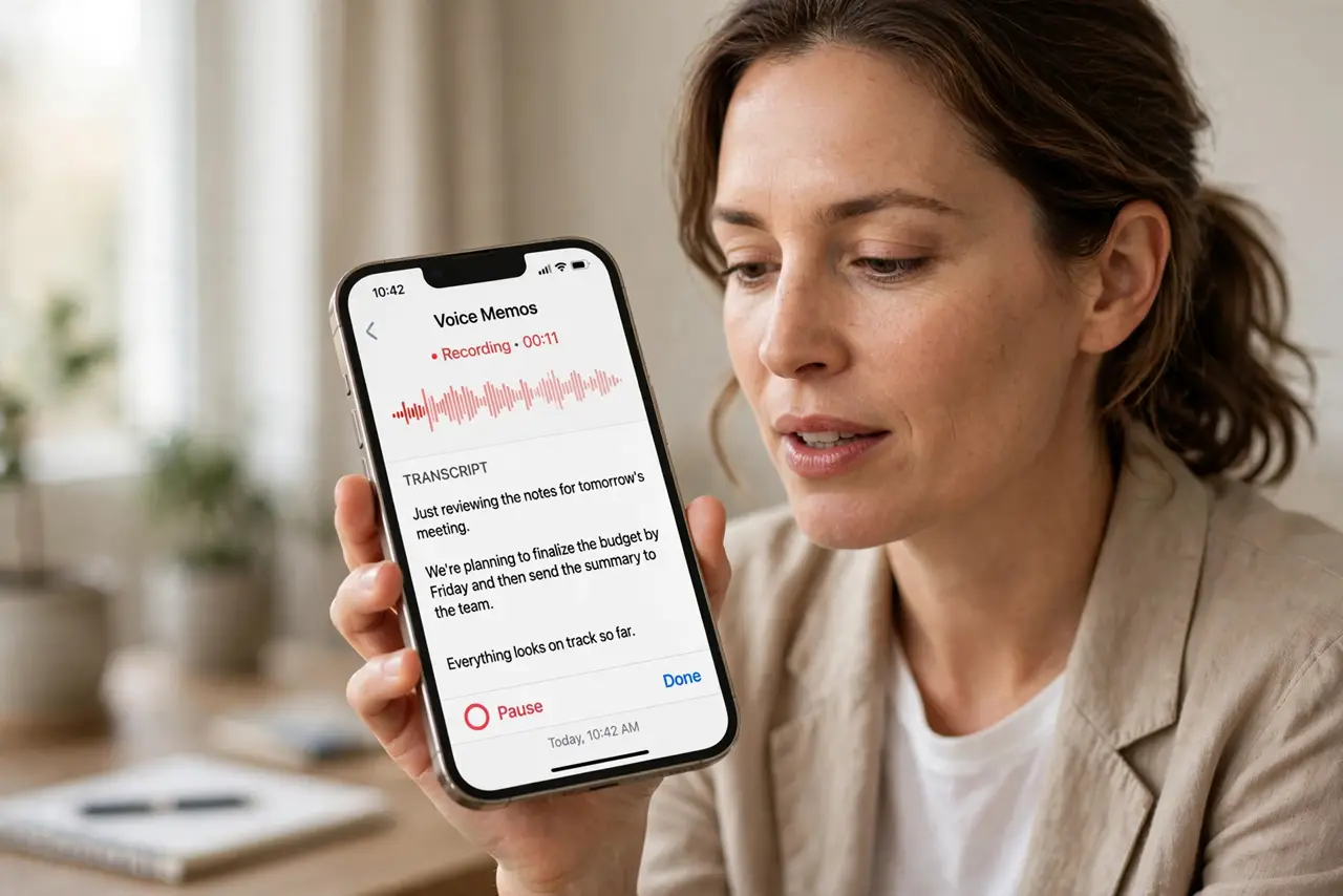 a calm adult holding a real iPhone showing a voice memo app with a normal transcript and legible text, the person speaking clearly into the phone in a quiet room