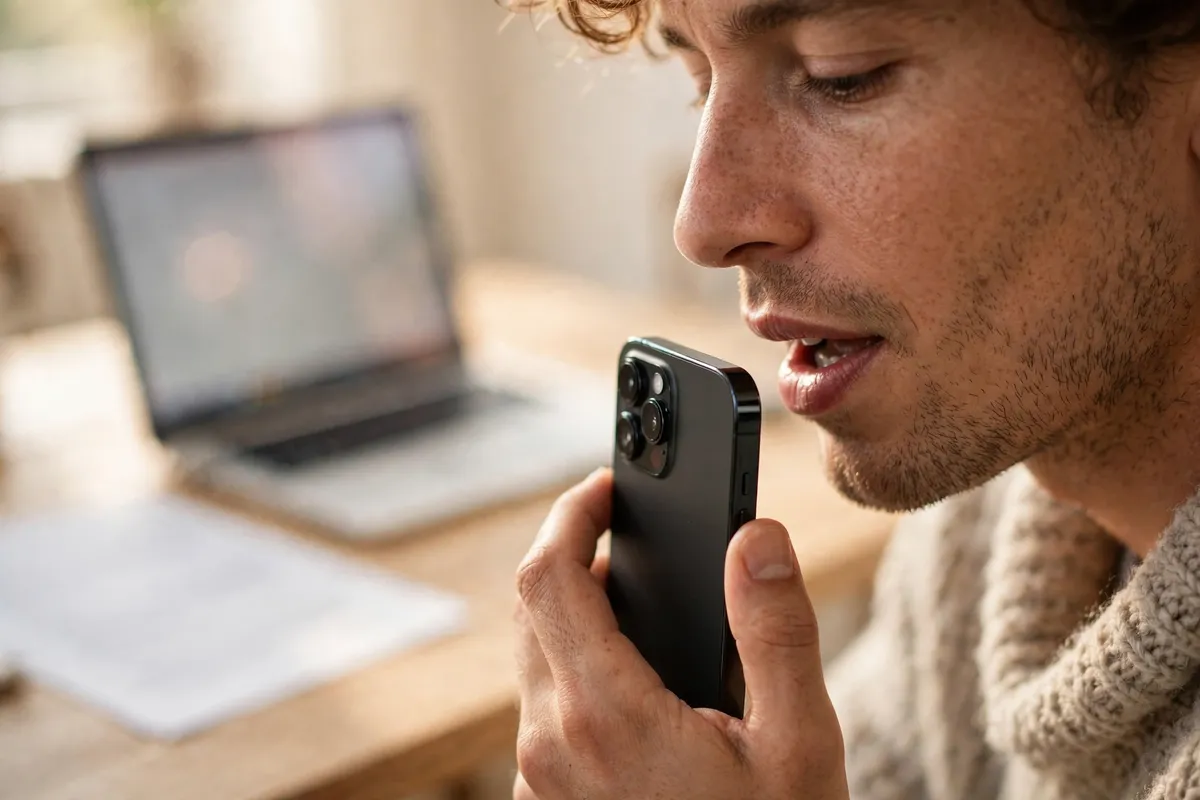 Close-up of a man dictating into his phone's microphone at a bright desk, with a laptop blurred in the background.