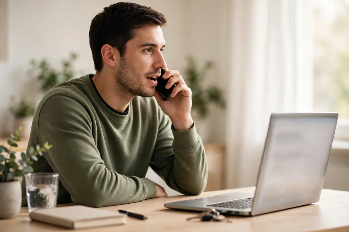 A man at a bright desk speaking into his phone beside an open laptop, dictating text instead of typing it.