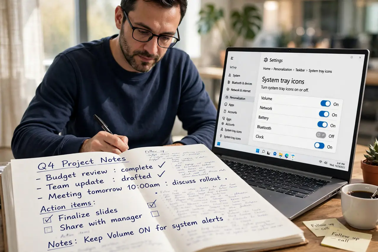 A calm adult with the Taskbar settings page open, the Volume system tray icon toggle turned on.