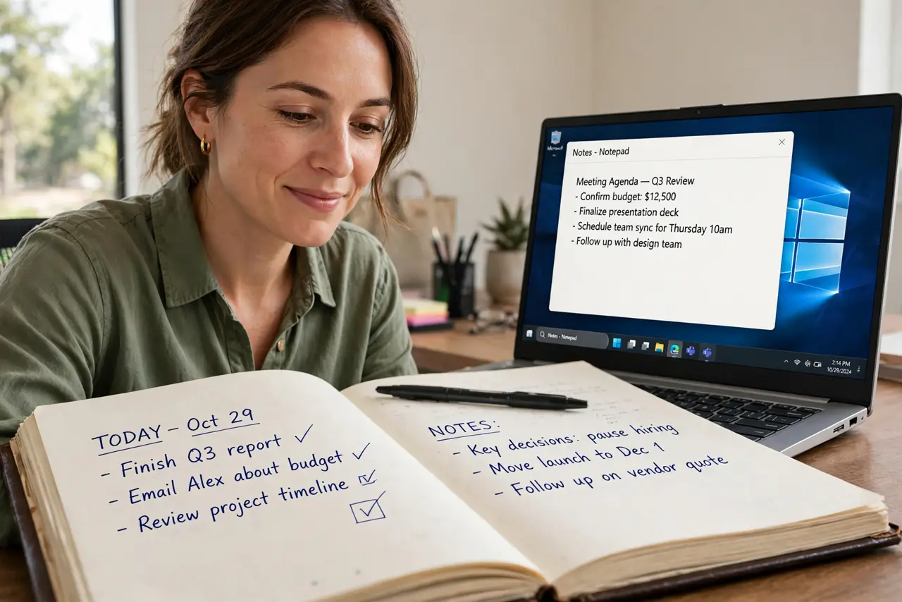 A calm adult at a desk with a Windows laptop, the taskbar showing the volume icon in the system tray.