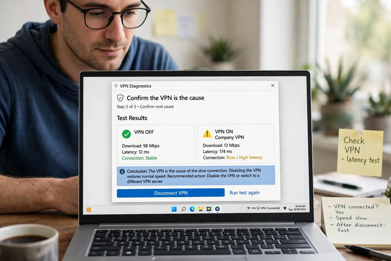 Step 1 in action for VPN Blocks Your Local Printer: Confirm the VPN is the cause.