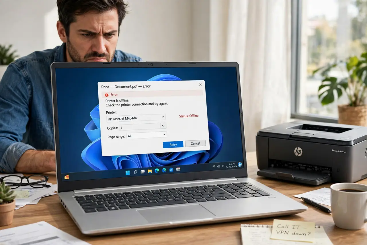VPN Blocks Your Local Printer — a person looking at a real laptop showing a print dialog with an error, a real printer idle beside the desk, V