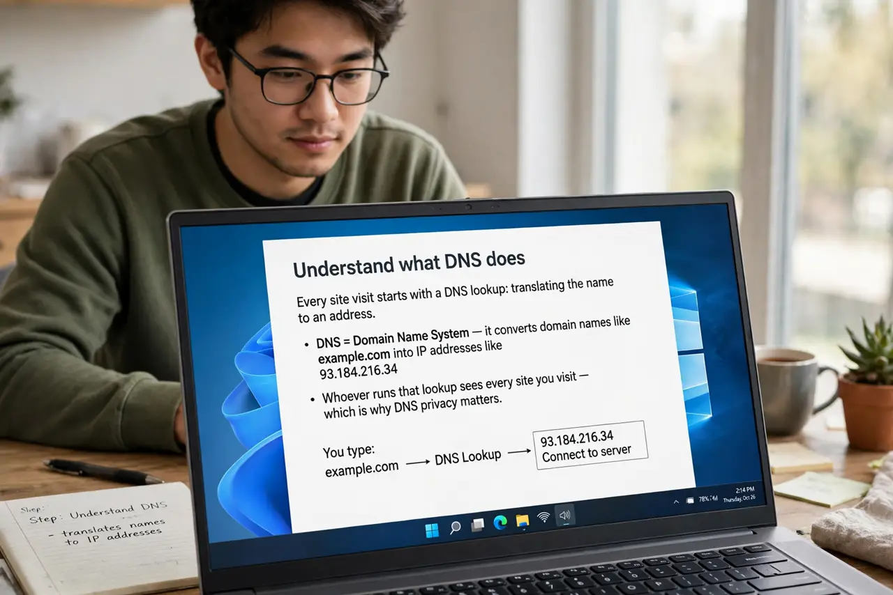 A person performing step 1: Understand what DNS does. Every site visit starts with a DNS lookup: translating the name to an address. Whoev.
