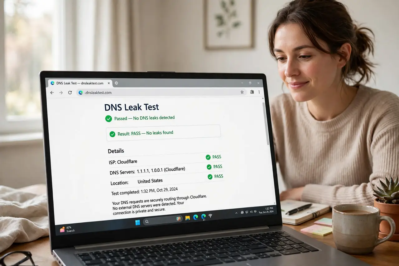 A person at a real laptop showing a legible DNS leak test result page in a browser with pass indicators, the person's face relieved, home office.