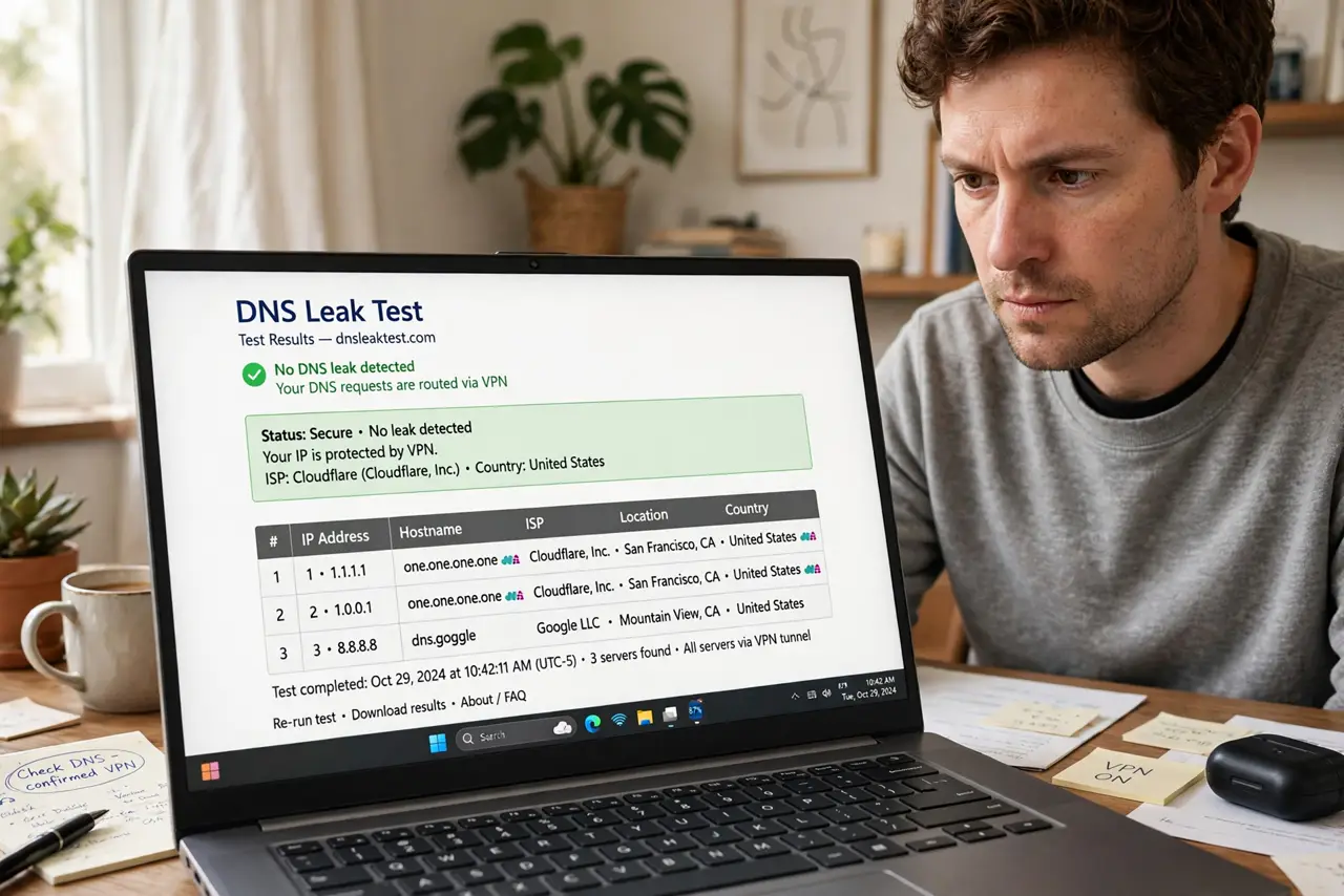 A person looking at a real laptop showing a DNS leak test results page with legible server entries, the person's face