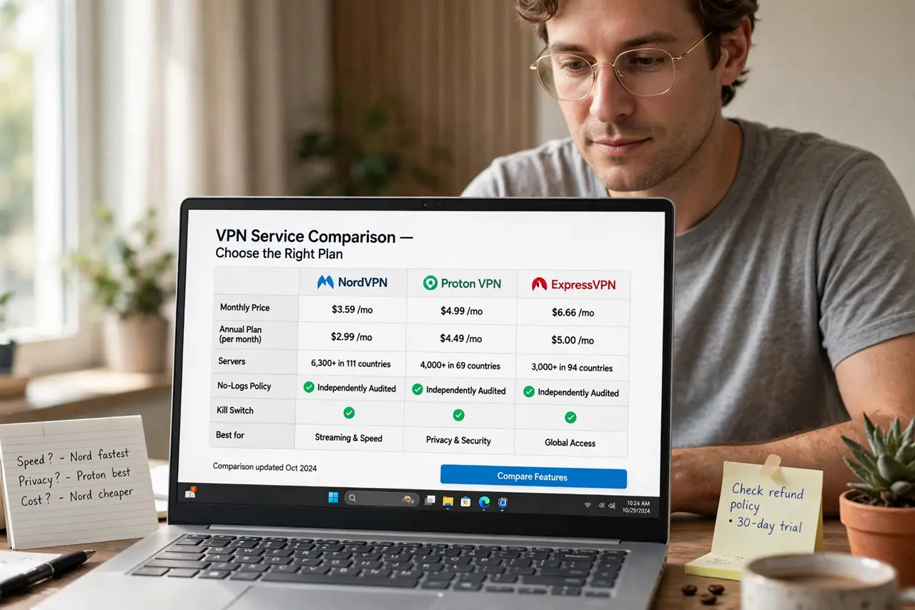 a calm adult at a desk with a real laptop, the screen showing a normal VPN app comparison with pricing and legible text, the person comparing options