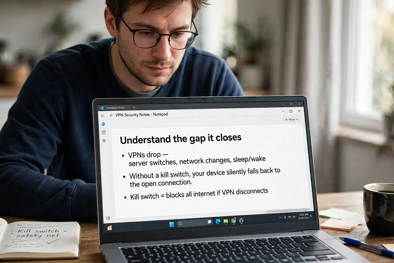 A person performing step 1: Understand the gap it closes. VPNs drop — server switches, network changes, sleep/wake. Without a kill switch,.